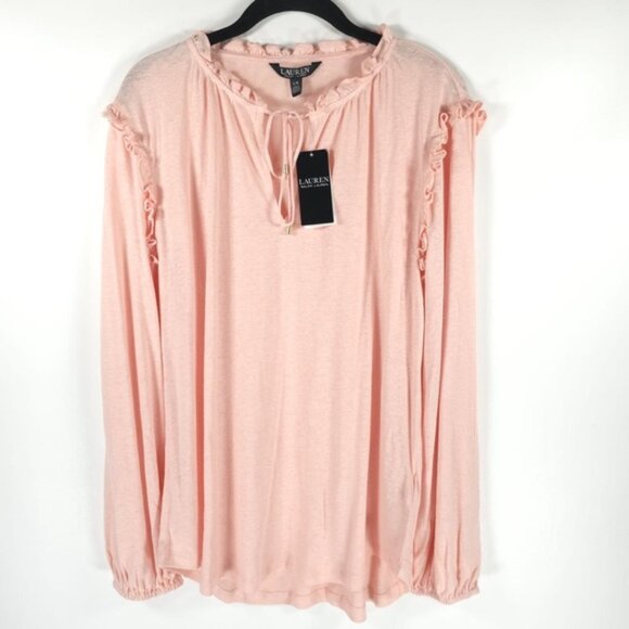 NWT LAUREN RALPH LAUREN BLACK LABEL LINEN Blend Ruffle Neck Top Keyhole Neck LG - Picture 5 of 15